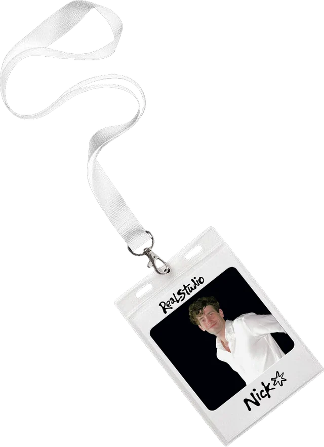 Real Studio badge on a lanyard